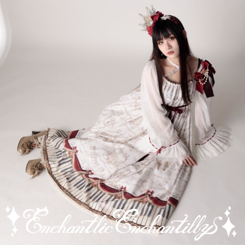 アンティーク エレガンス ピアノ柄 ワンピース 生成 Enchantlic Enchan