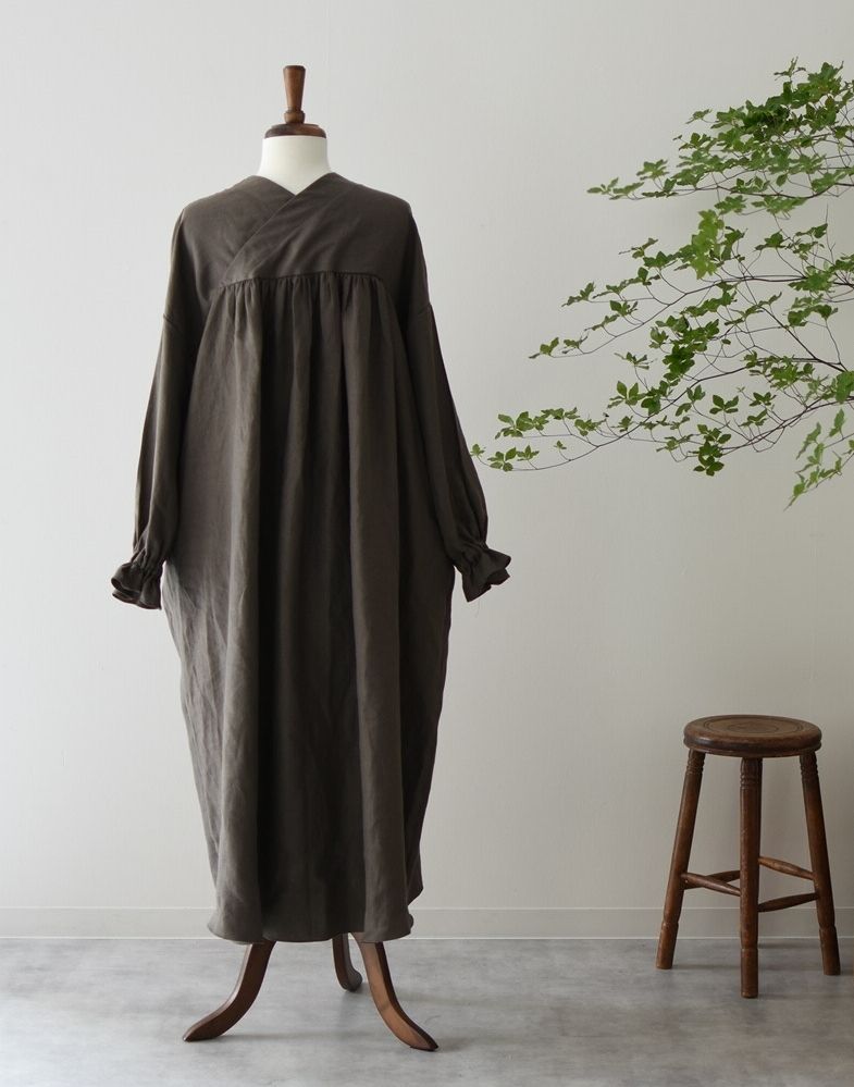 フレンチリネン バッククロスワンピース カーキ E Pice
