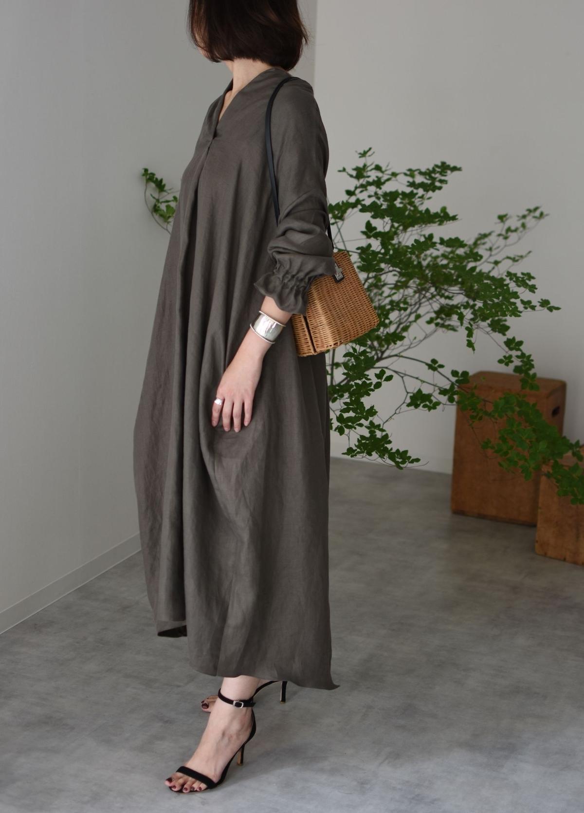 フレンチリネン バッククロスワンピース カーキ E Pice
