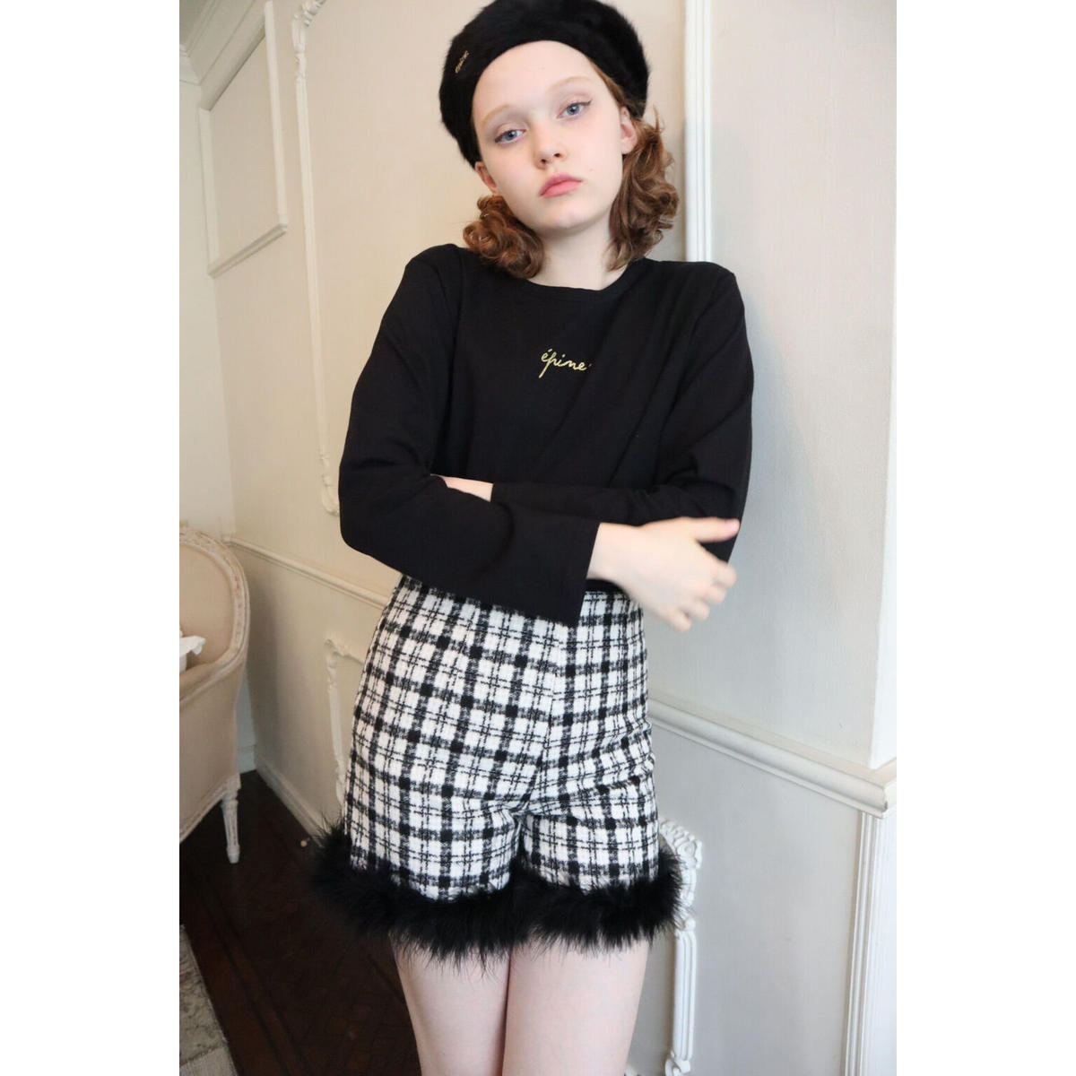 epine check tweed fur short pants black | nalans.com