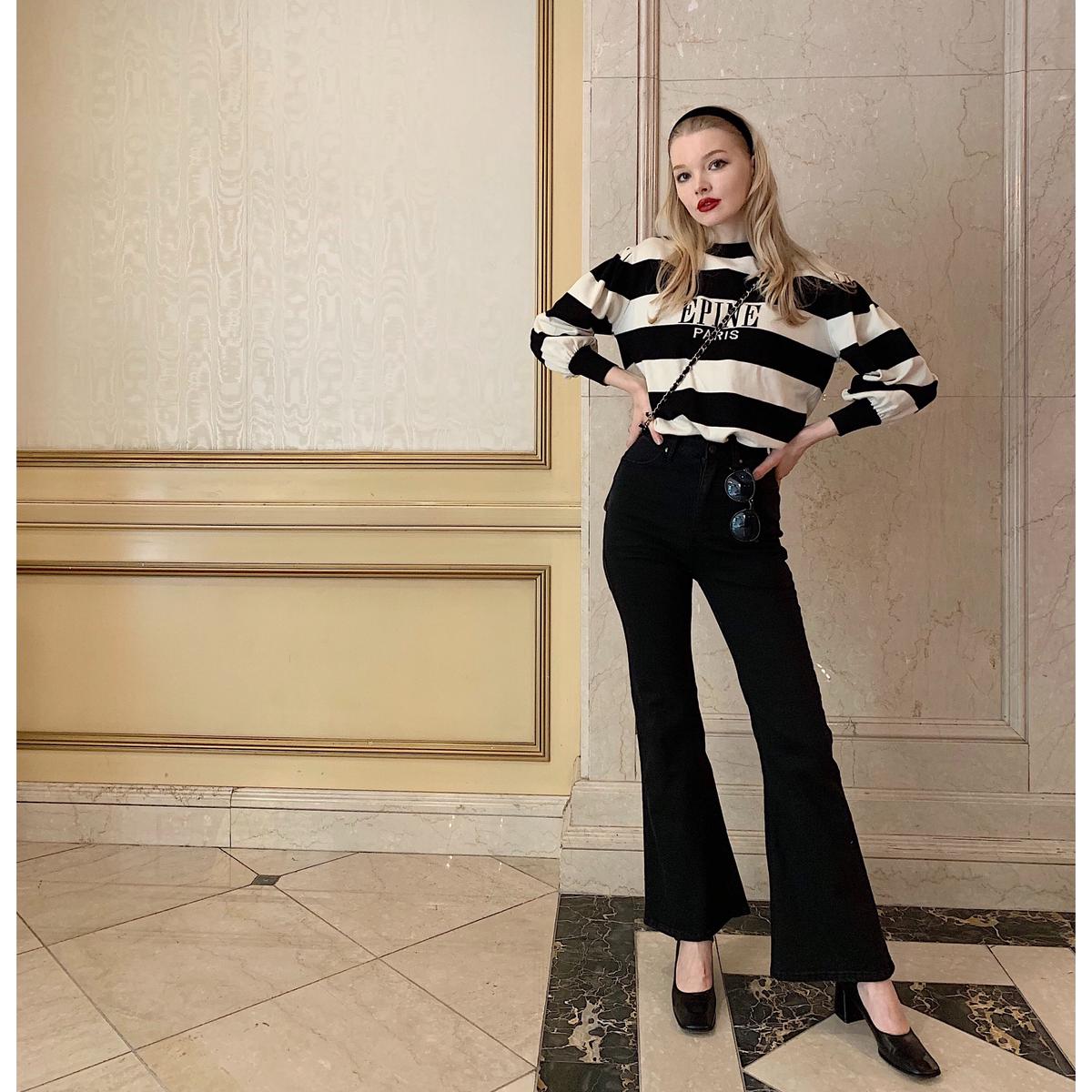 épine high-waist fit bell jeans black