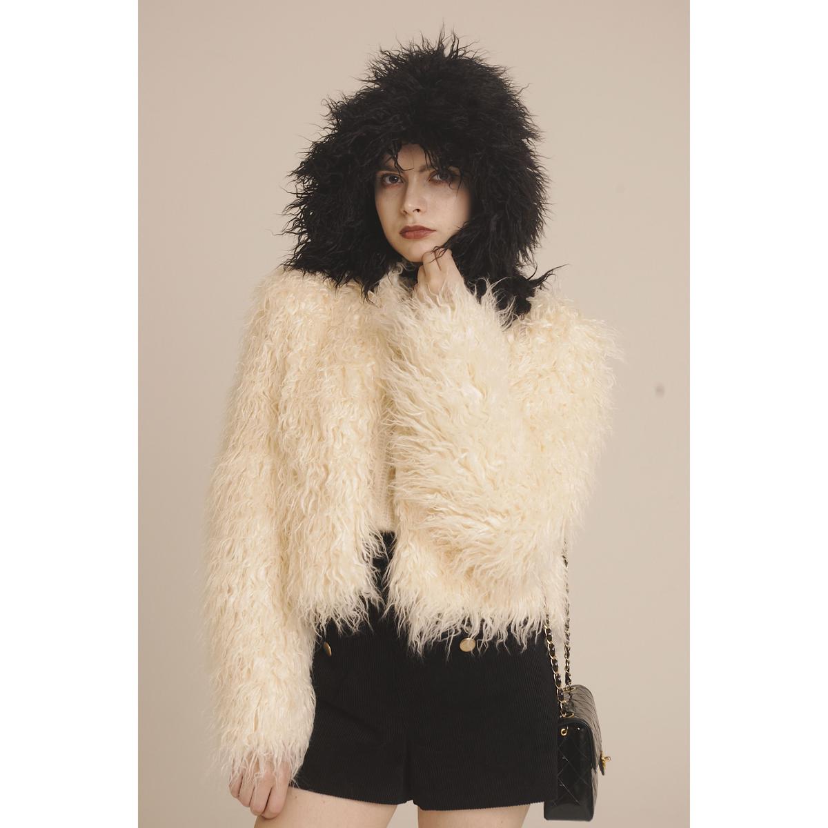 hood 2way volume fur coat bi-color white | épine