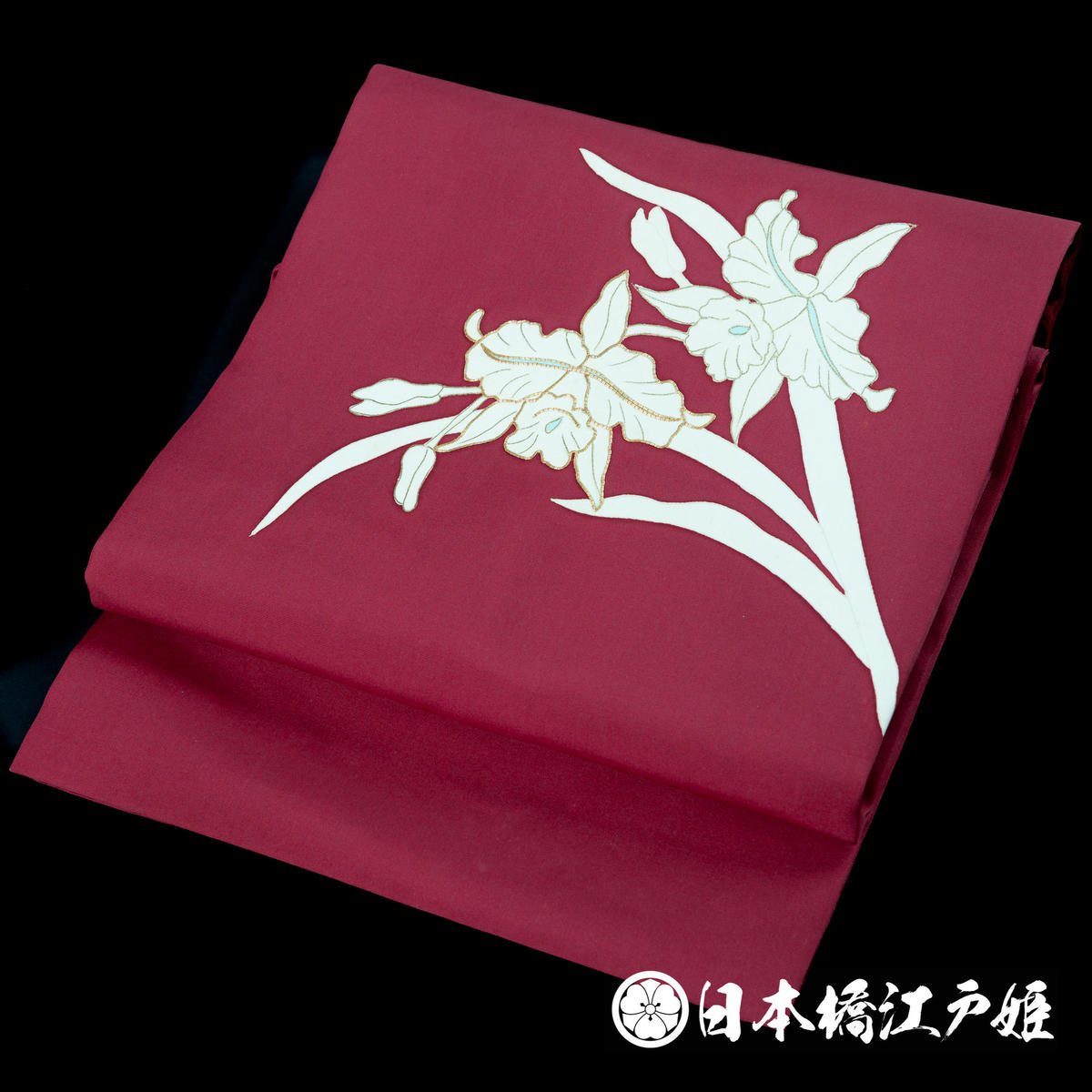 0079 名古屋帯 Aランク美品 正絹 えんじ色 草花 金糸 金彩 お太鼓柄 帯