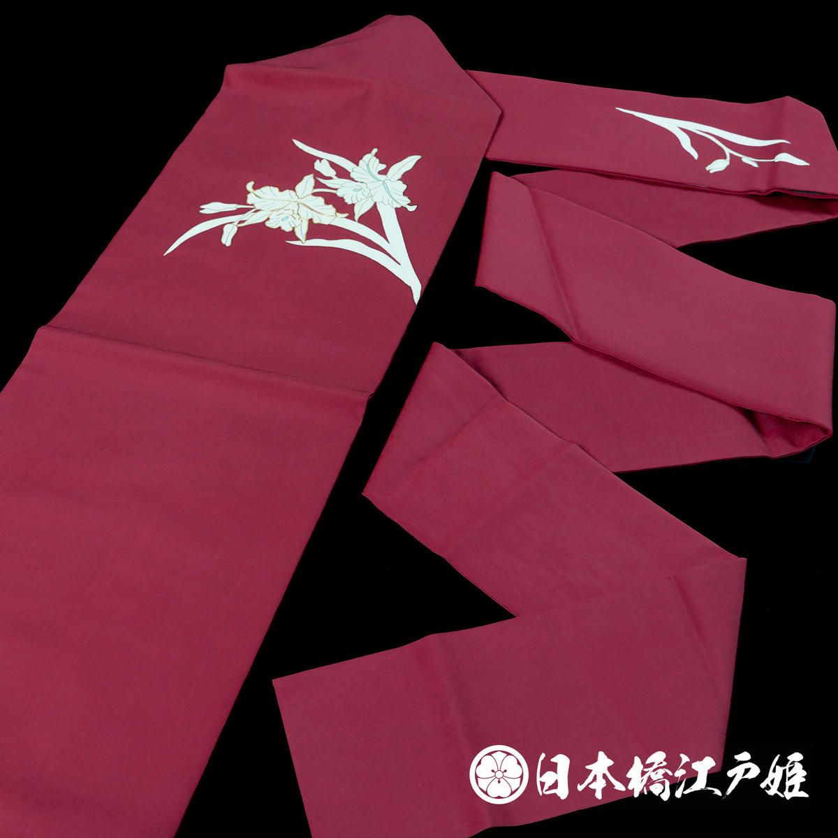 0079 名古屋帯 Aランク美品 正絹 えんじ色 草花 金糸 金彩 お太鼓柄 帯丈364cm