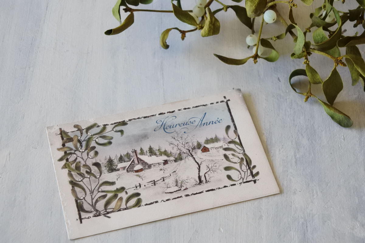 ヤドリギ やどりぎ アンティークポストカード 雪景色の家 Grenier Ideco