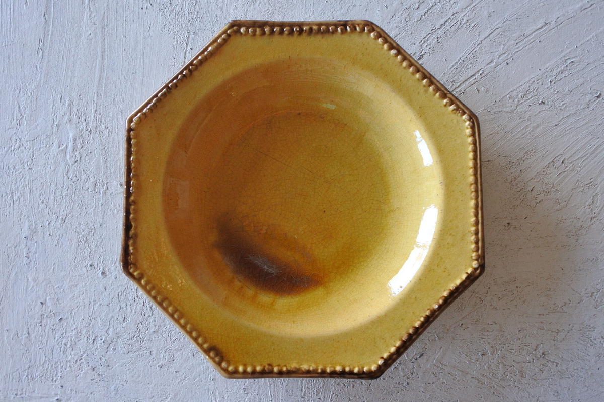 フランスアンティーク アプト APT 黄釉 八角 オーバル 深皿