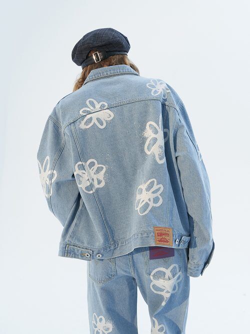 【MODITEC】HAND-PAINTED FLOWERS BLUE DENIM JACKET...