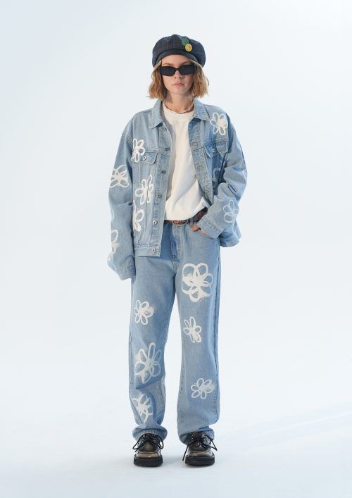 MODITEC】HAND-PAINTED FLOWERS BLUE DENIM JACKET...