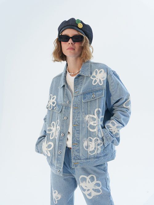 MODITEC】HAND-PAINTED FLOWERS BLUE DENIM JACKET...