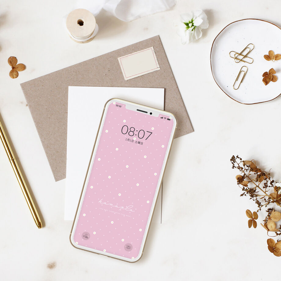 待ち受け画像 おしゃれピンクと小さなお花の可愛いドット柄スマホ壁紙 おしゃれ待ち受け画面