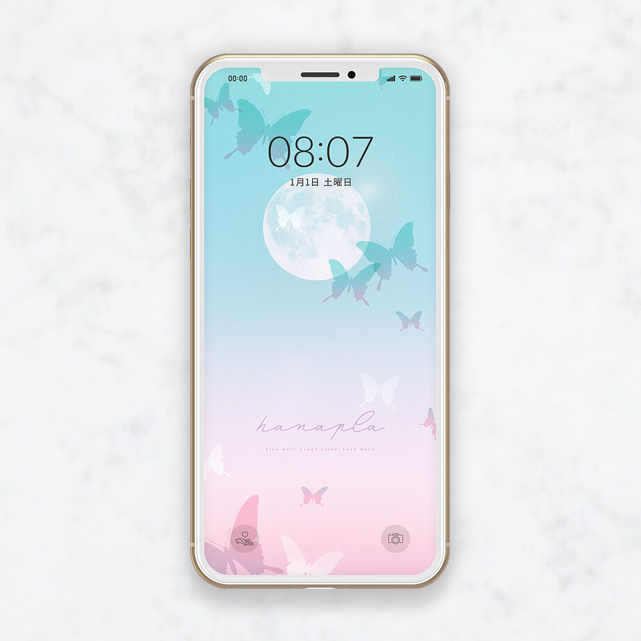 運気アップ 幸運の蝶と神秘的な満月の待ち受けスマホ壁紙 ブルー ピンク おしゃれ待ち受け