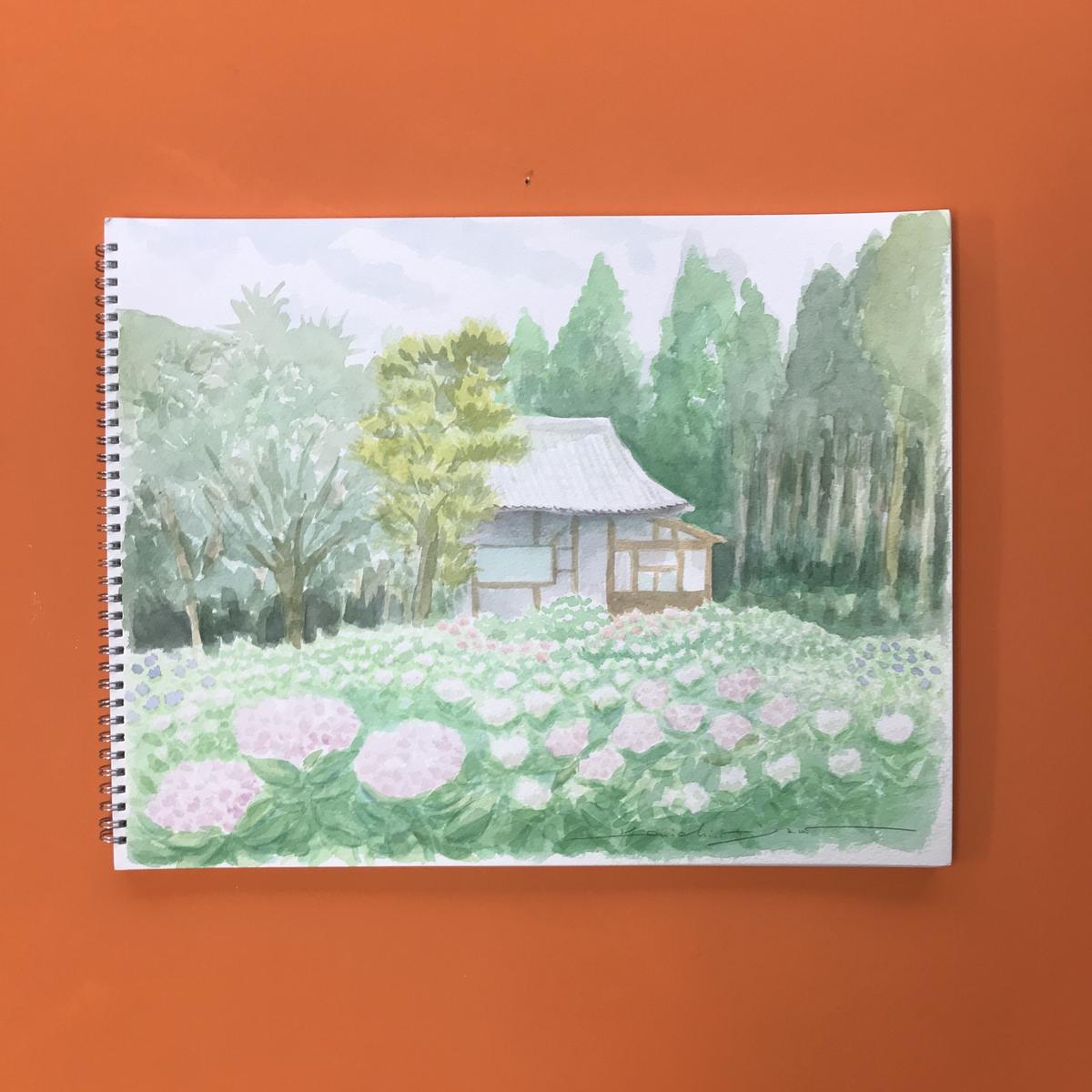 透明水彩画 久留米 千光寺の紫陽花 フレーム付き ようこそ アトリエ ルネッサンス オン