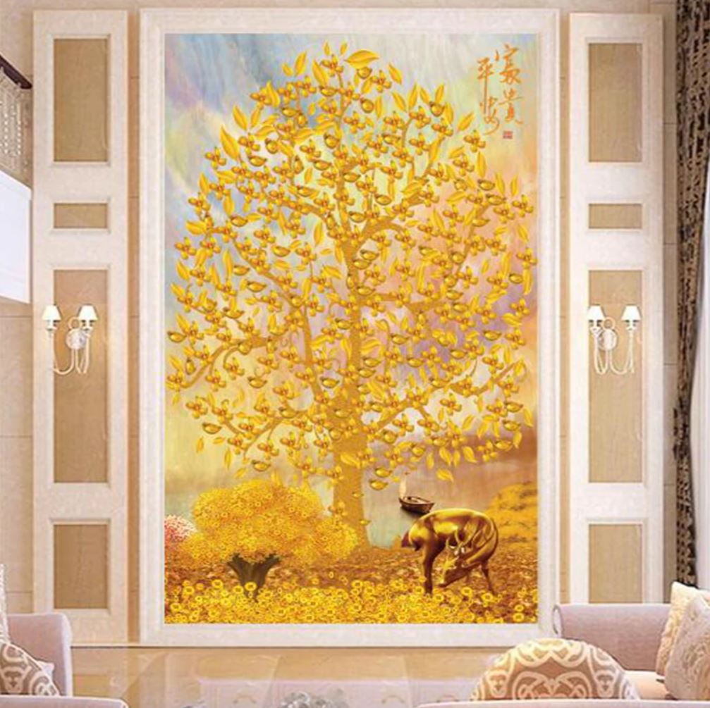 カスタム壁紙 黄金の木 鹿 ゴールド ウォールペーパー １単位１ 部屋 リビング 玄関