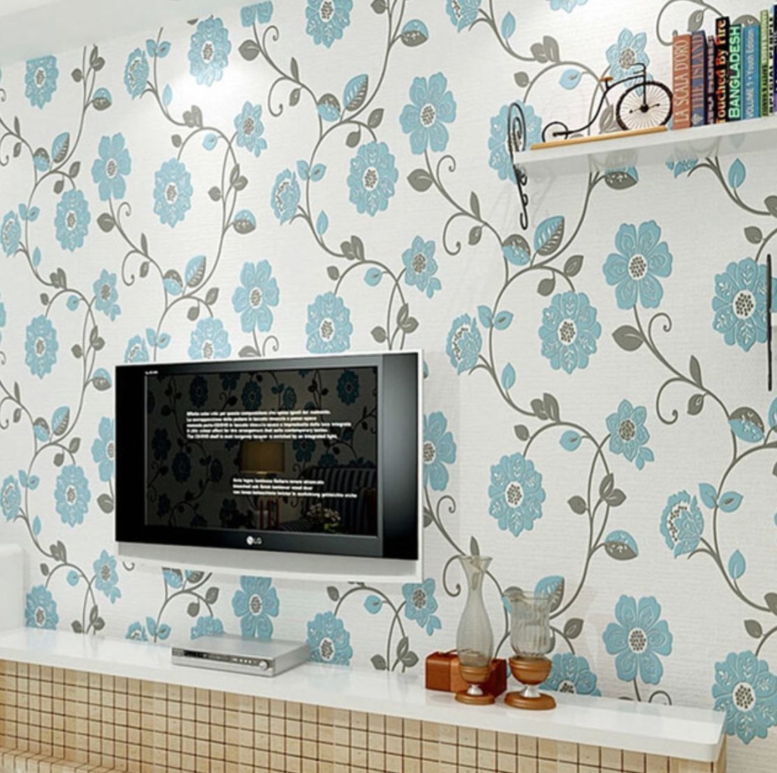 3D 壁紙 53×1000㎝ 花柄 おしゃれ DIY 不織布 カビ対策 防湿 防水 吸音 イン...