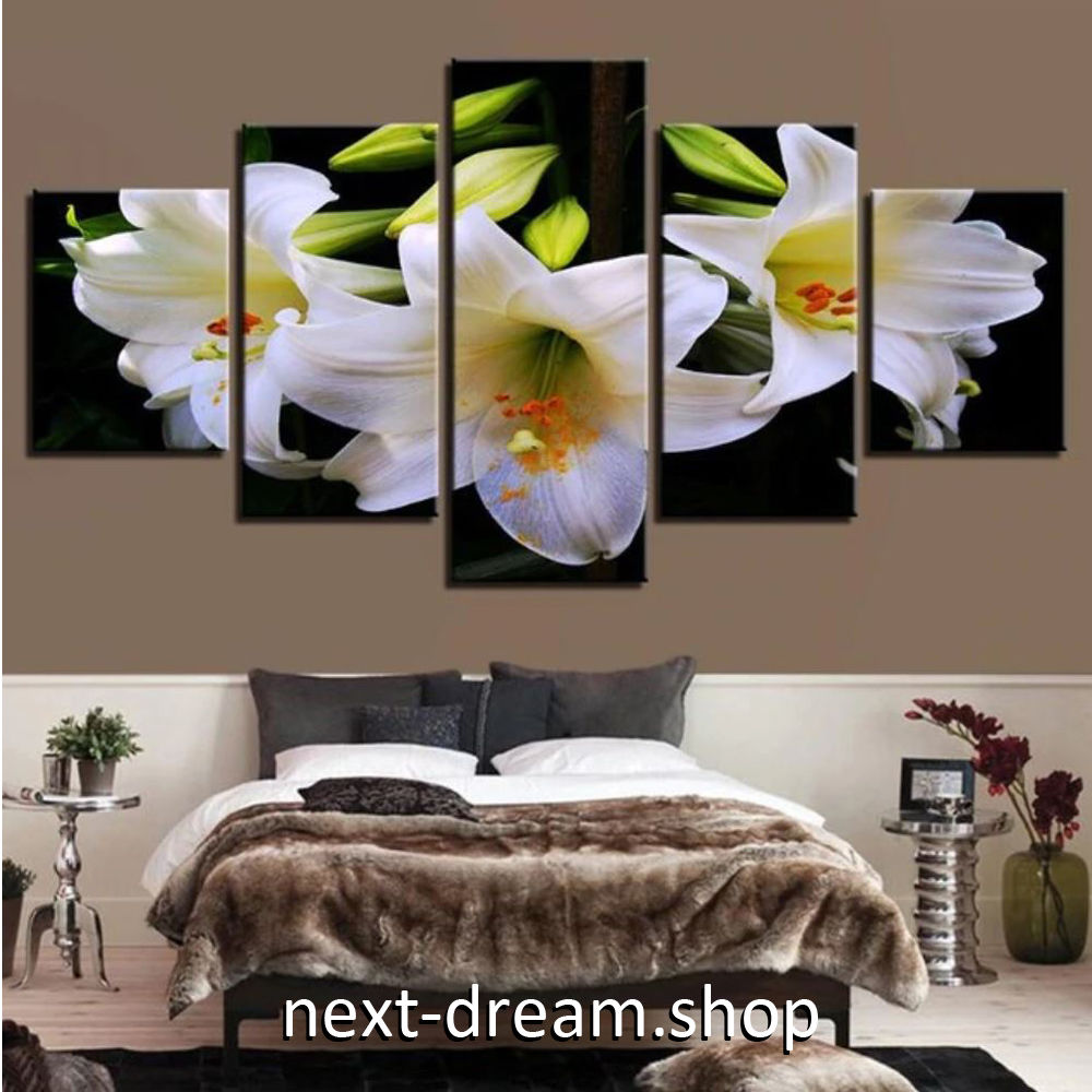 お洒落な壁掛けアートパネル ５点セット 白百合 ユリの花 写真 絵画 ファブリックパネル