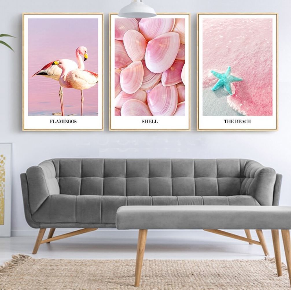 お洒落な壁掛けアートパネル 枠付き3点セット 各15 cm ピンク フラミンゴ 貝 海 お洒落な壁掛けアートパネル 枠付き3点セット 各15 cm ピンク フラミンゴ 貝 海