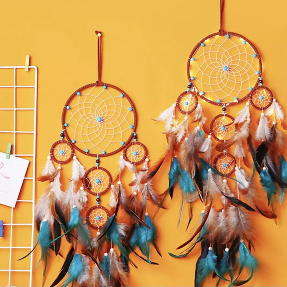 ドリームキャッチャー エスニック 茶色 青 魔除け インディアン 子供部屋 インテリア オブジ
