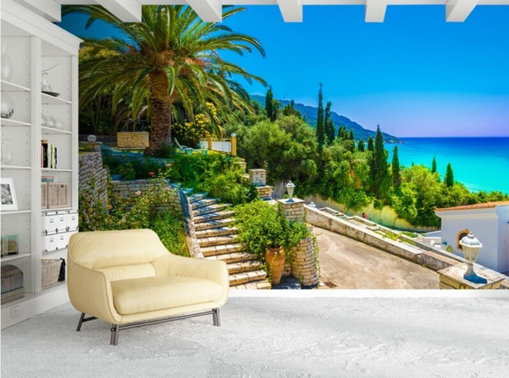 カスタム３d壁紙 1ピース 1 自然風景 ギリシャ 島 青い海 おうち時間充実 おしゃれ キ
