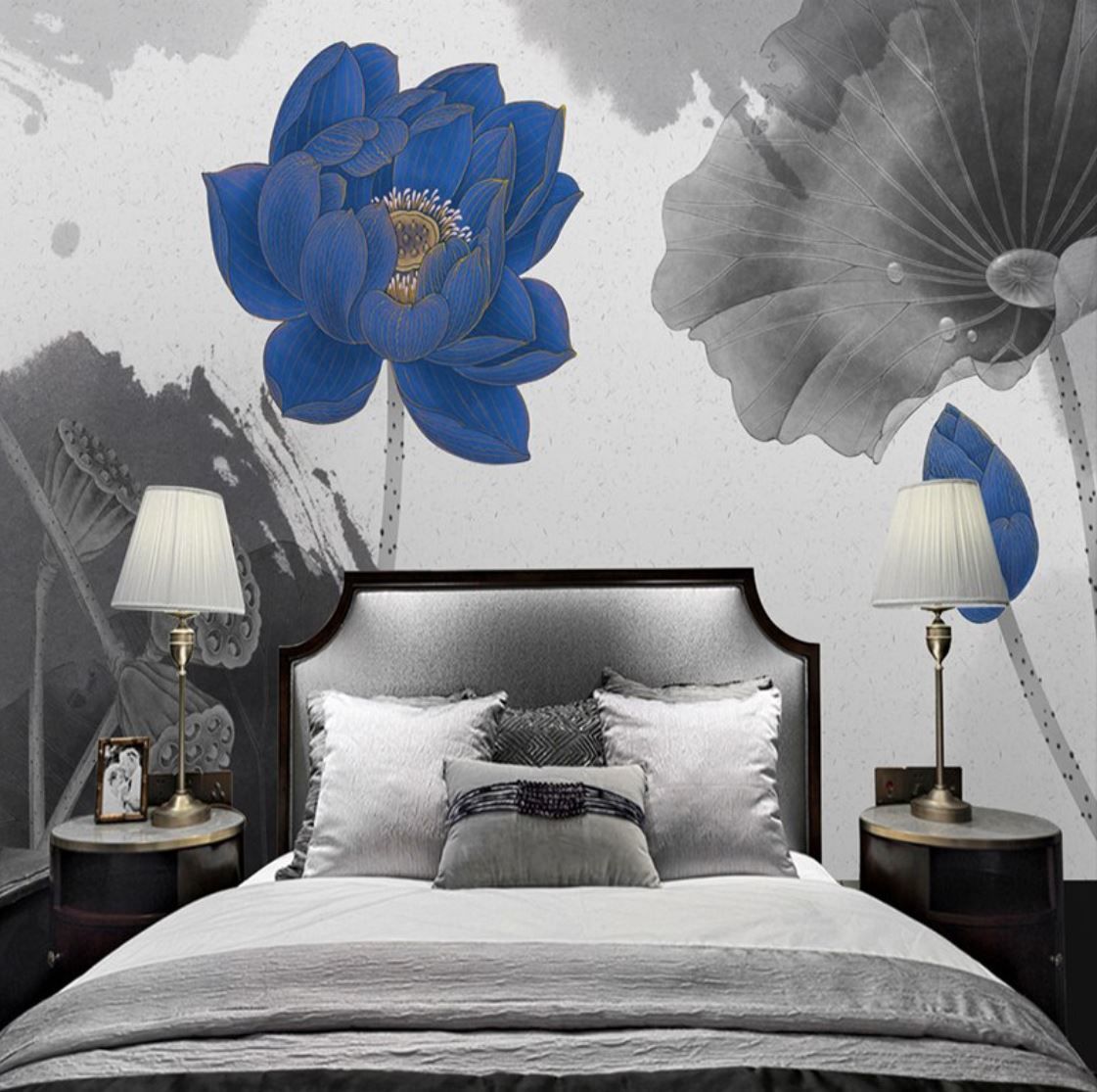 ３d 壁紙 1ピース 1 モダンレトロ 蓮の花 水彩画 青色 インテリア 部屋装飾 耐水 防