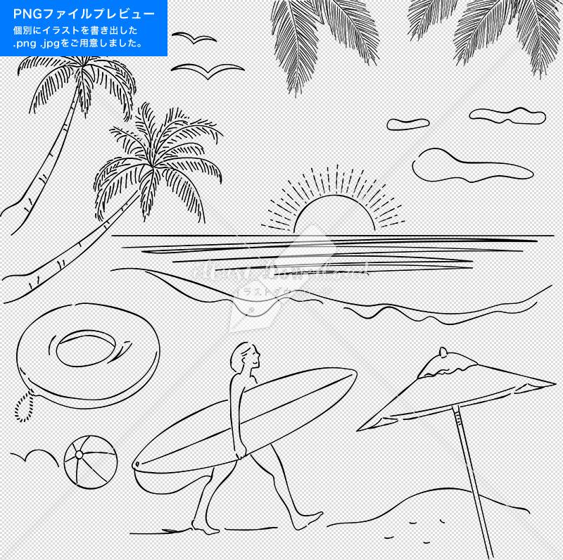 リゾート ヤシの木 サーファー あしらい ペン画 手書き Illust Download