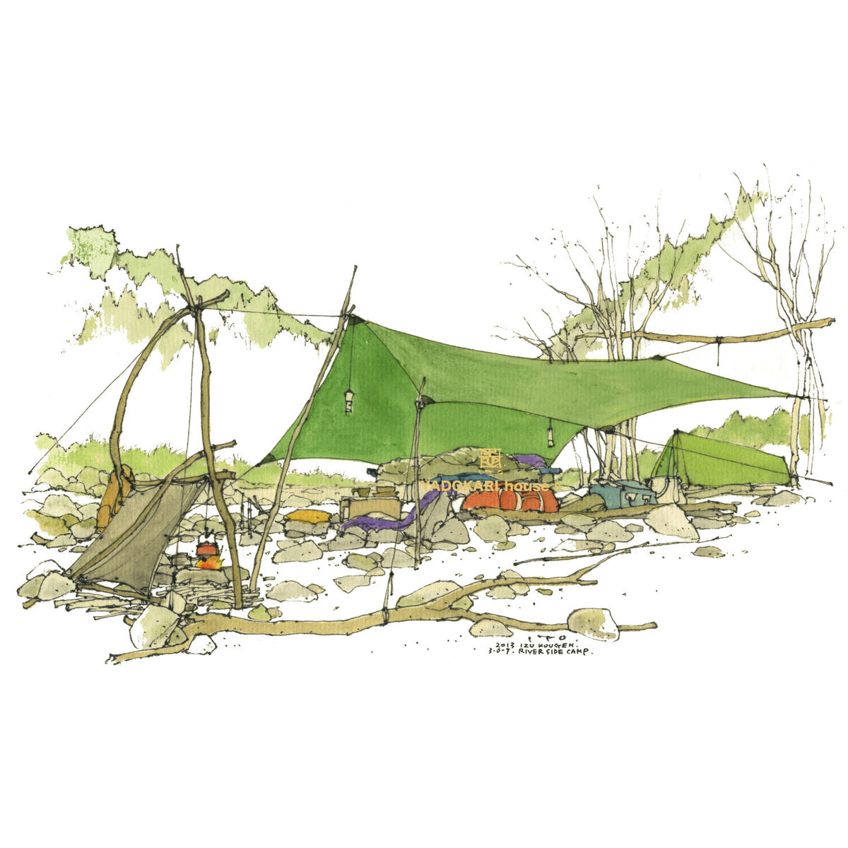 イラスト 伊豆 渓流キャンプ全景 Yadokari House