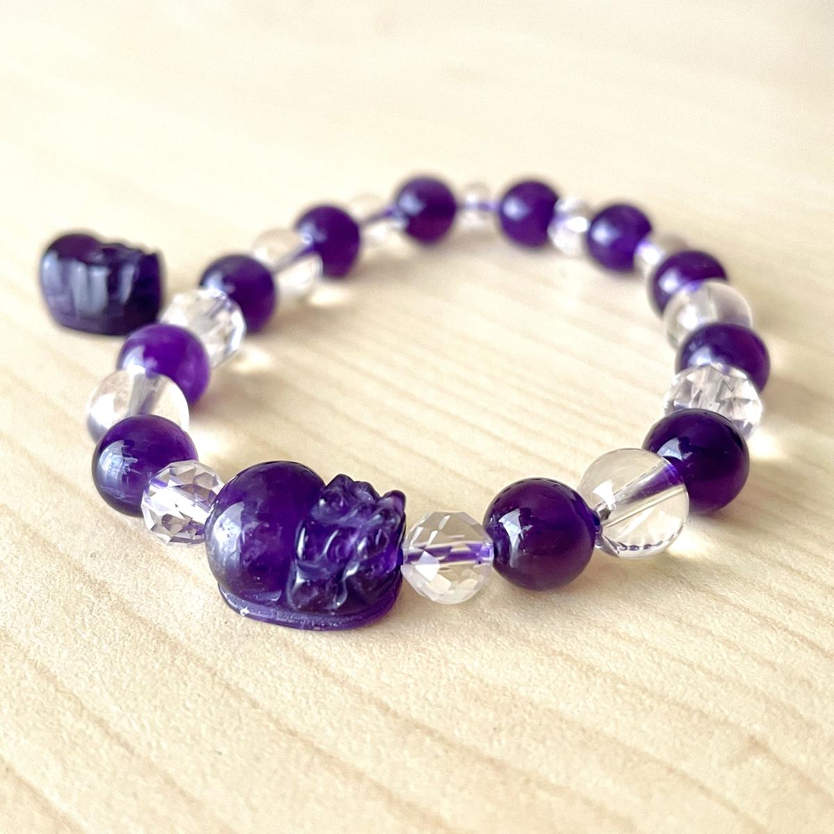 あずきちゃん瑪瑙アメジスト共生貔貅+ラベンダーアメジストブレス　6-37 アメジストブレスレット 8mm(AMETHYST): 『岩座(いわくら