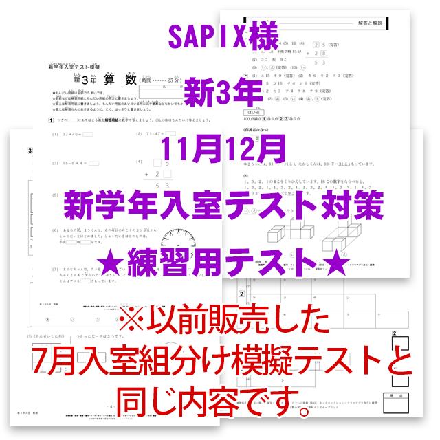 新3年生サピックス算数練習用テスト 11月 12月新学年入室テスト対策 中学受験算数の