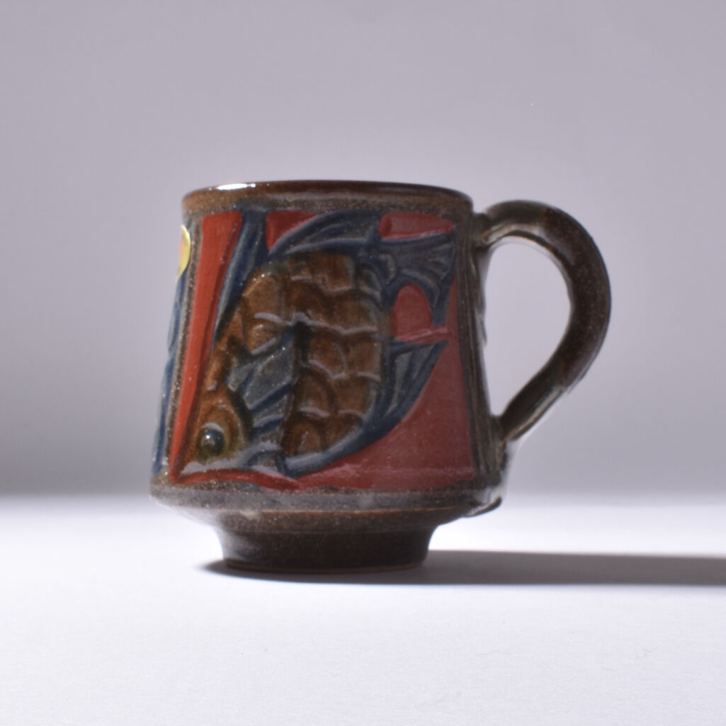 沖縄 壺屋焼 小橋川清正作 魚紋赤絵 徳利とマグカップ（清正陶器