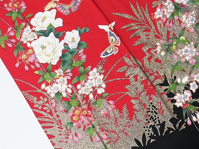エッセンシャルコンフォート 振袖 一越 椿 枝垂れ桜に蝶 レッド 156cm