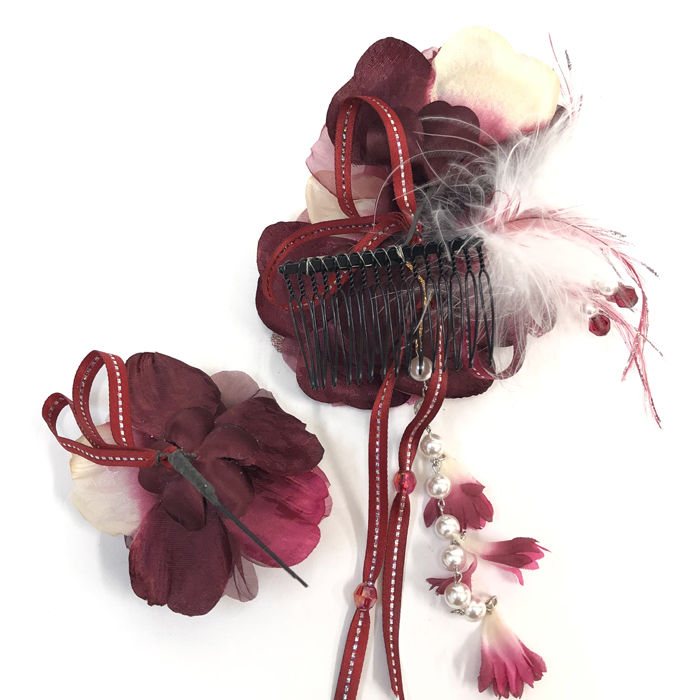 髪飾り 成人式 2点セット おしゃれ フラワー ワインレッド 水鳥 羽 フェザー 蝶 振袖 袴