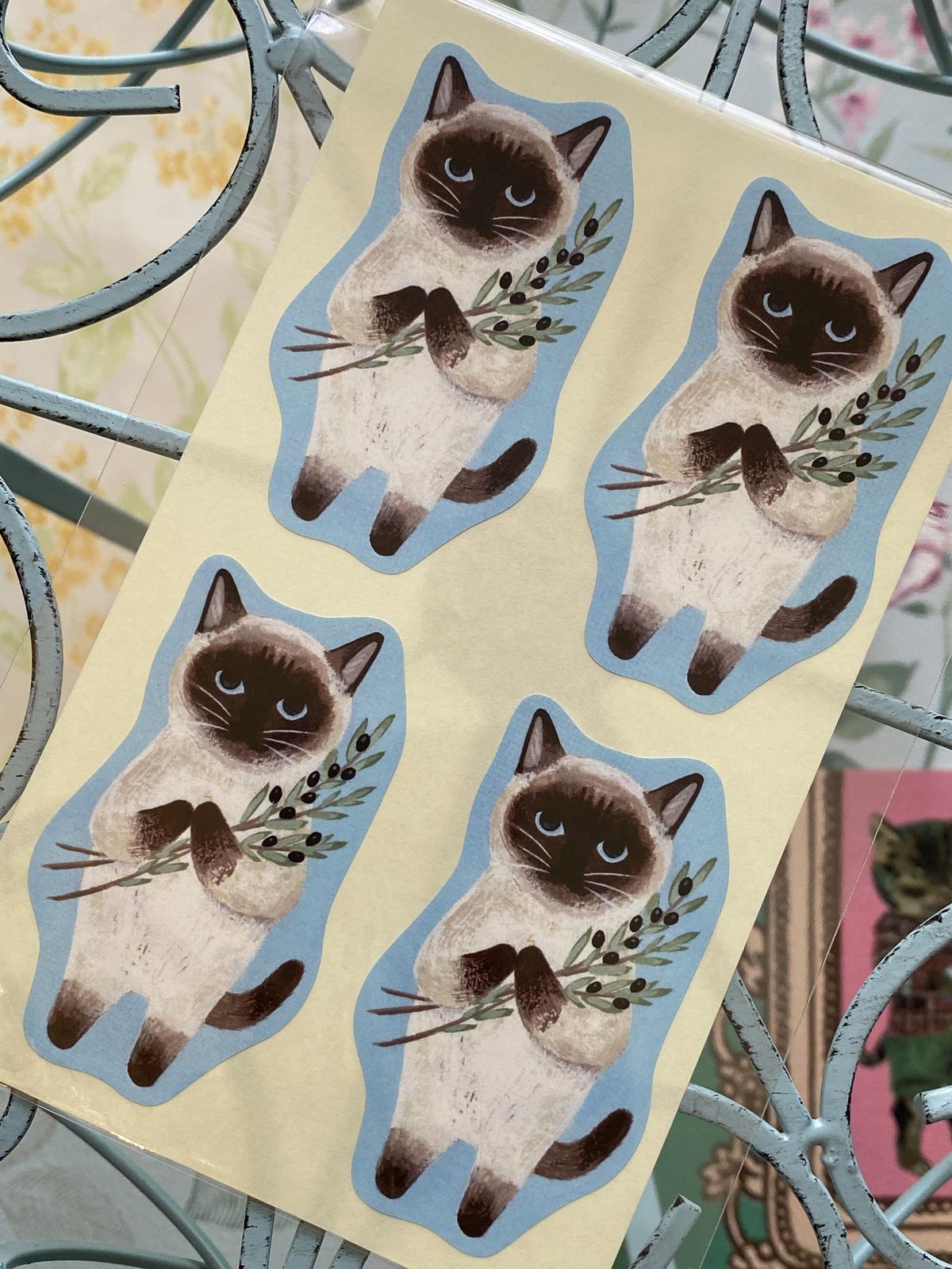 水彩画 花と猫 大きめ ステッカー シャム猫 オリーブ コﾁカｰﾆバル第2楽章