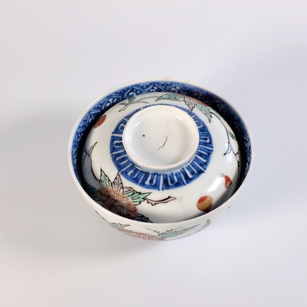 蔵c7224a】古伊万里 染付 人物図 蓋茶碗 十客