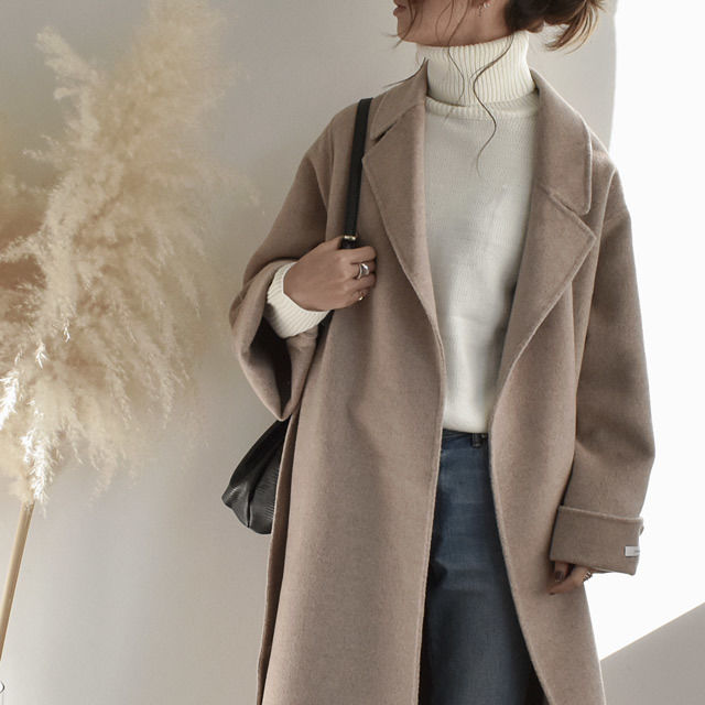 Coat 02001 ワイドスリーブ ロング ウールガウンコート リバー仕立て ミルクティーベ