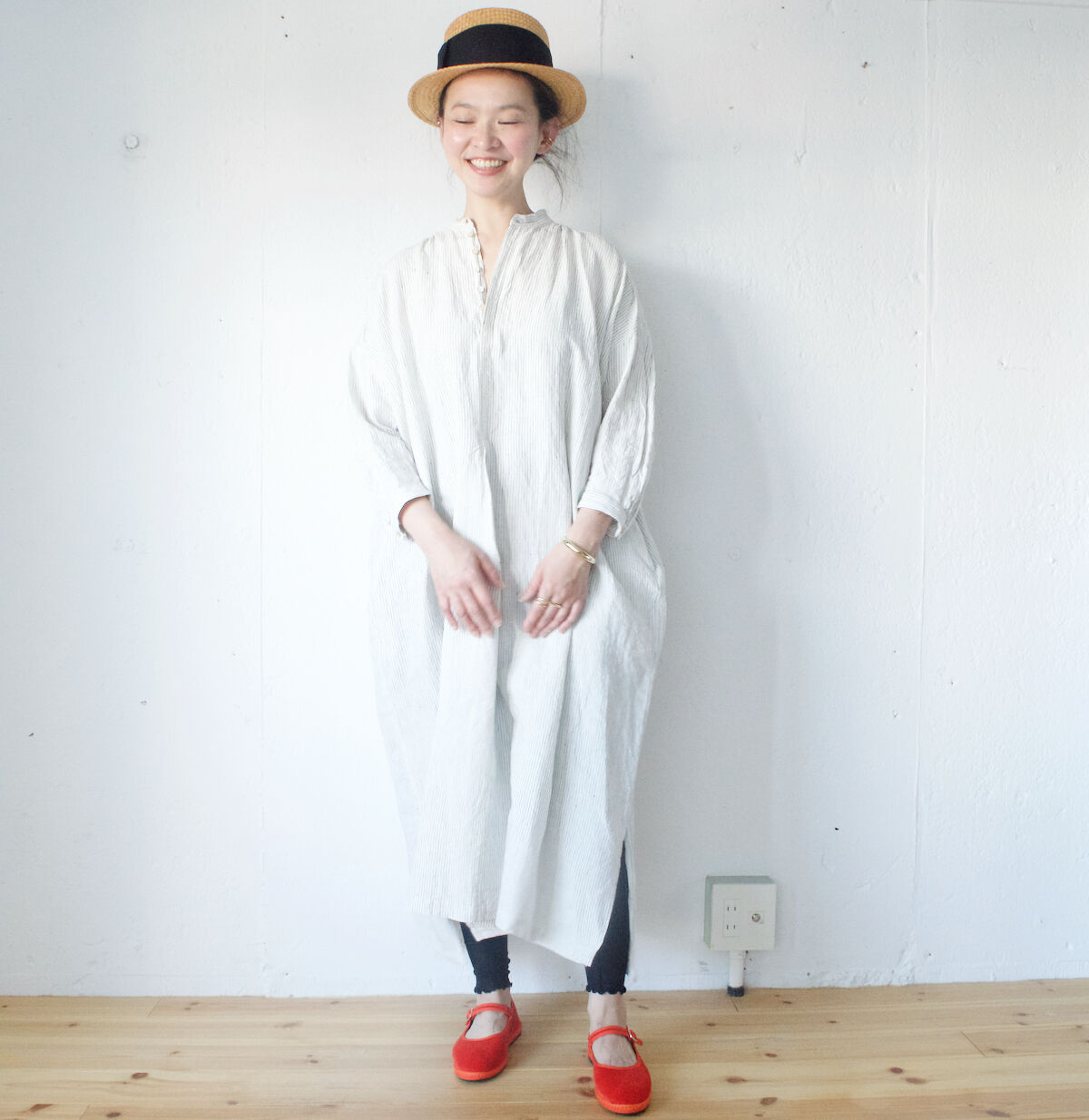 suzuki takayuki (スズキタカユキ) peasant dress II リネンストライプ ペザントドレス(ワンピース)