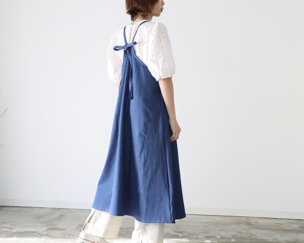 岡山児島デニムフリルエプロンワンピース