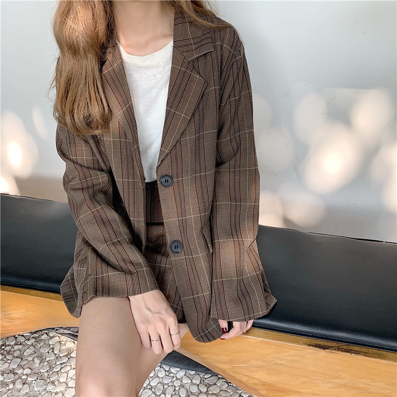 セットアップ チェック柄 ジャケット + スカート 韓国ファッション