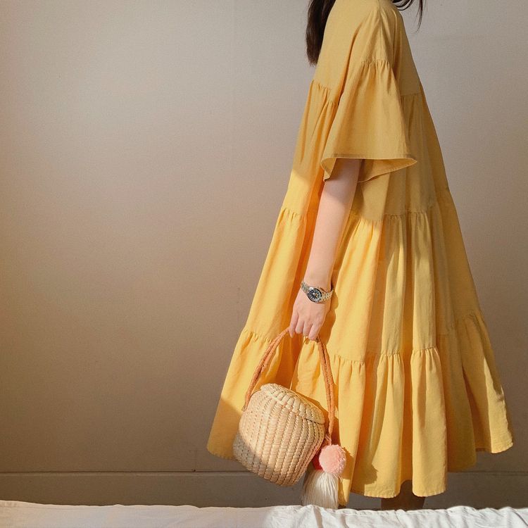 レディース ティアードワンピース フレアワンピース ハイウエスト ダボダボ ガーリー フェミニ