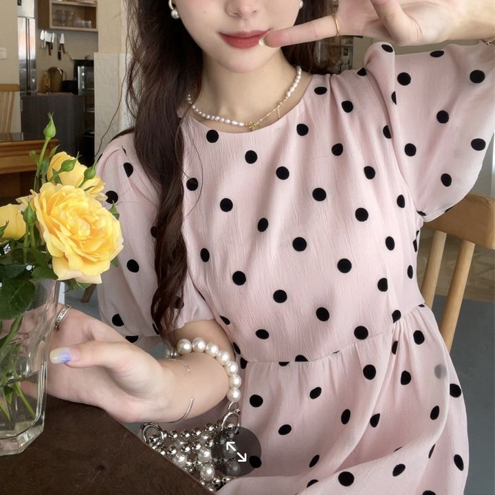 ドット柄 ワンピース パフスリーブ 水玉 ハイウエスト 半袖 クルー