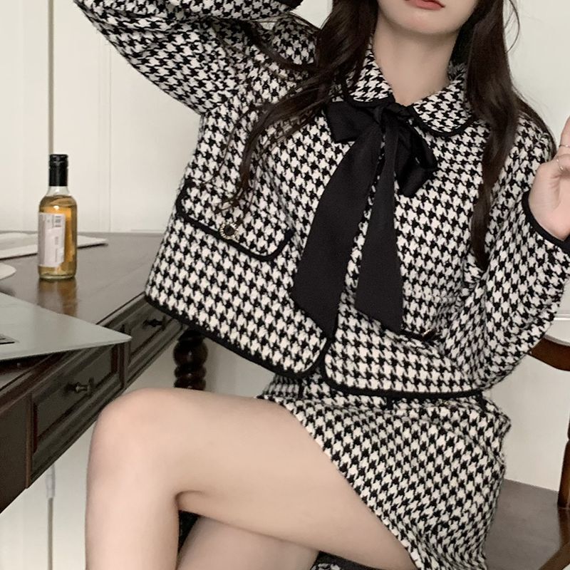 セットアップ 千鳥柄 ショートジャケット スカート リボンタイ 長袖