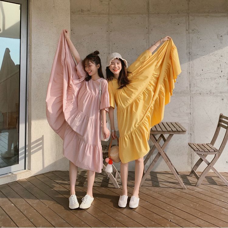 レディース ティアードワンピース フレアワンピース ハイウエスト ダボダボ ガーリー フェミニ