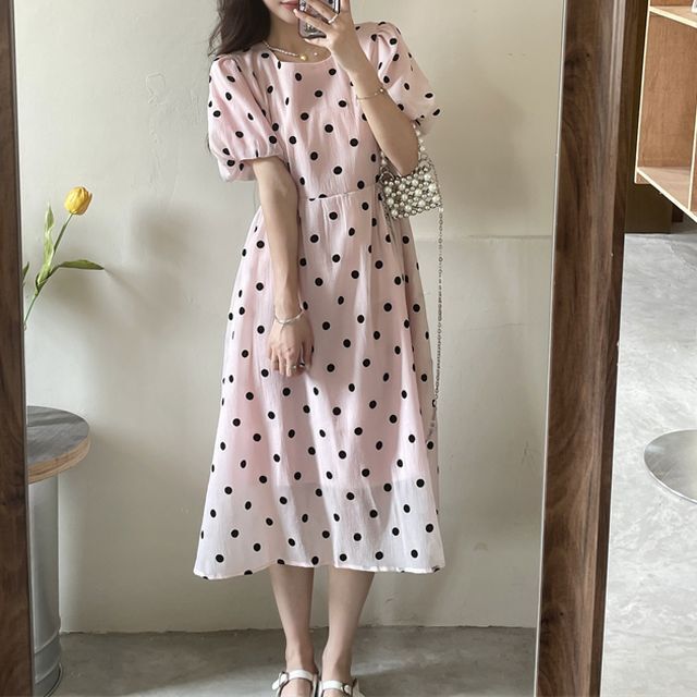 ドット柄 ワンピース パフスリーブ 水玉 ハイウエスト 半袖 クルー