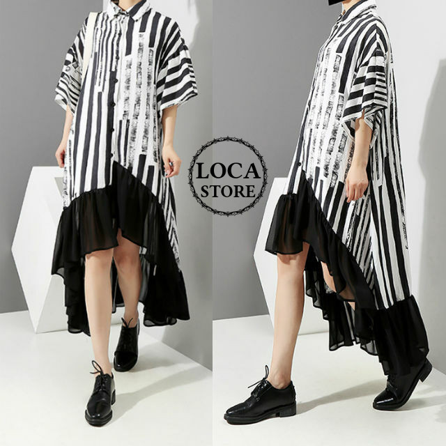 レディース デザインプリント シャツワンピース 個性的ファッション 縦ストライプ柄 フリル ア