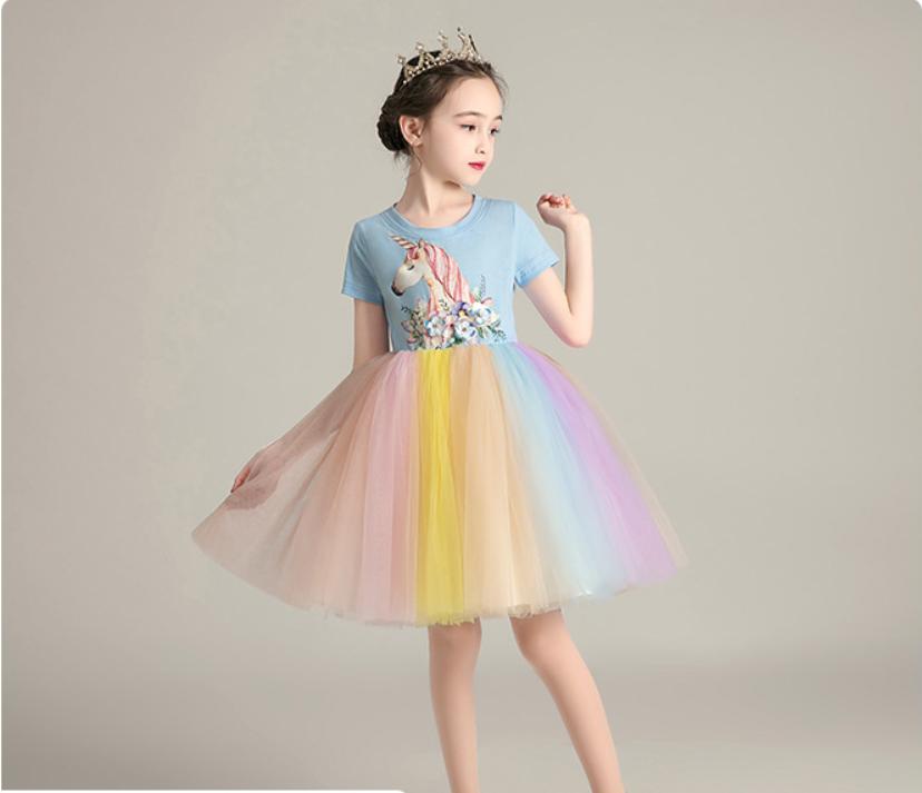 ユニコーン柄 半袖 レインボー チュールワンピース 女の子 100 150 韓国子供服 チュ