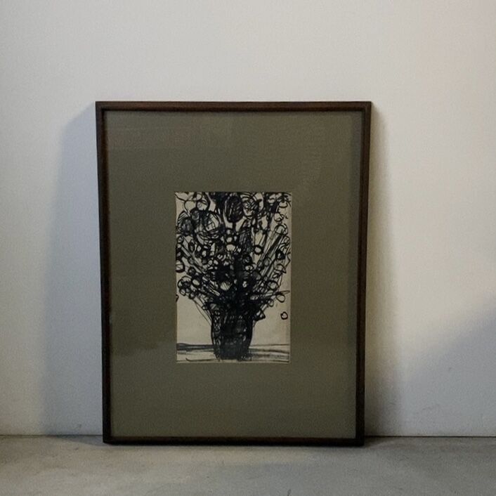 古い木製額装 モノクロドローイング 木とガラス ヴィンテージフレーム パネル 花の絵 グッドコンディション