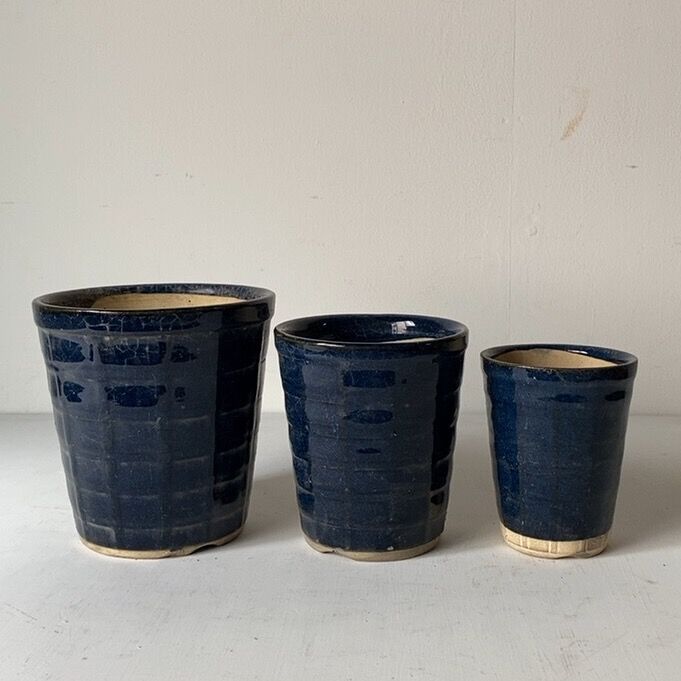 古い植木鉢. 瑠璃釉 格子紋様3鉢セット 70sオールドポット 入れ子3