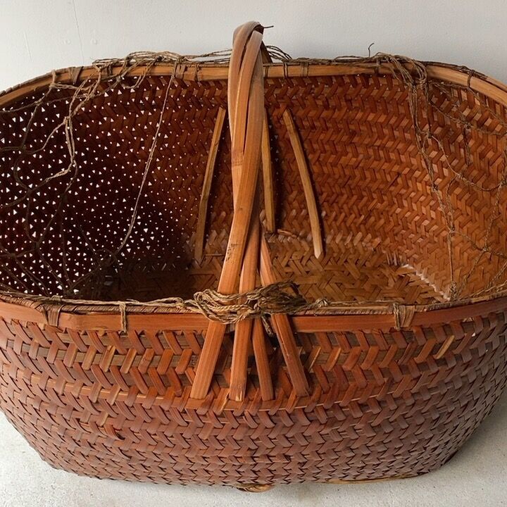 アンティーク竹編み籠　大型　花籠　在銘　美品 竹籠 編み籠 花器 花籠 アンティーク オブジェ インテリア