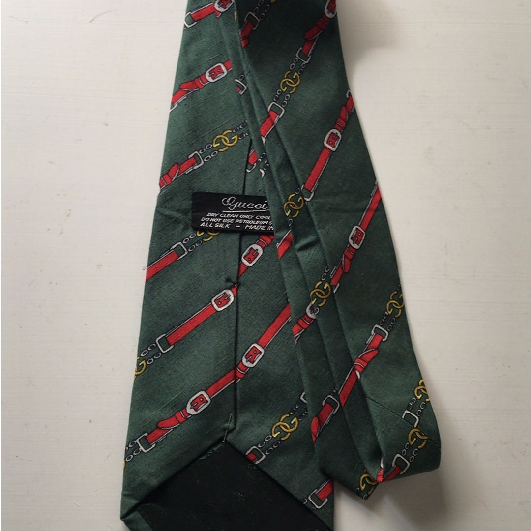 GUCCI オールドグッチ ヴィンテージ ネクタイ 筆記体ロゴ シルク100% グリーンベース GGチェーンベルト柄 レジメン 中古美品