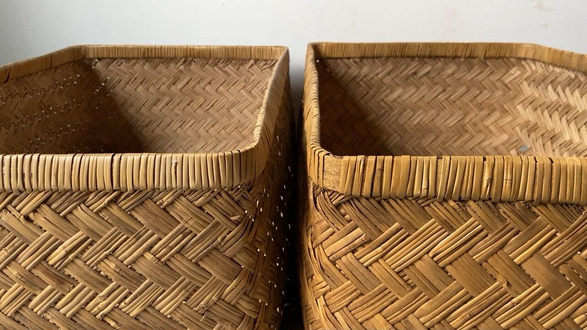 古い竹編みの行李 63cm 竹行李 柳行李 スズ竹 網代編み ヴィンテージ