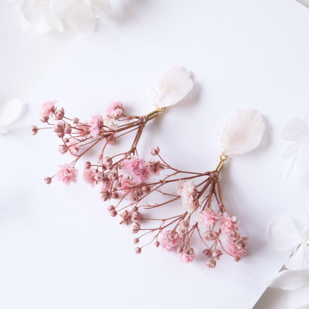 Everpink Sakura 本物のお花 桜の花びらとかすみ草のピンクブーケ 揺れるスタッ