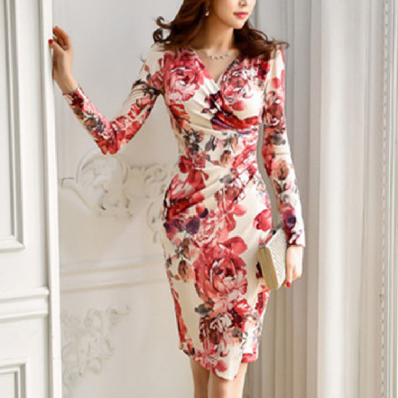 ワンピース 花柄ゴージャス 華やかさ強調タイトワンピ Hdfks 韓国ファッシ